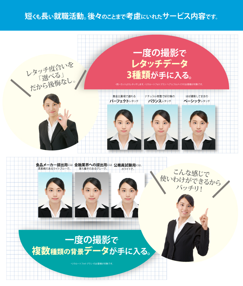 一度の撮影で、レタッチデータが3種類が手に入る。一度の撮影で複数種類の背景色データが手に入る。短くも長い就職活動。就活生を知り尽くしたリクルートフォトスタジオだから、のちのちのことも考慮にいれたサービス内容です。