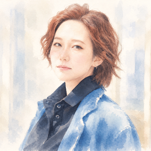 Portrait of a woman with short wavy brown hair, wearing a dark shirt and blue denim jacket, against a soft pastel background.